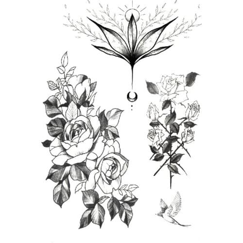 1Pcs Black Roses Design Big Large Fake Tattoo Sticker Fashion Women Girl Temporary Tattoo Sticker Full Flower Arm Body Art