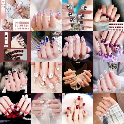 24pcs/set Full Cover Fake Nail Artificial Fake Nails Pattern Square Nail Decal False Nails Coffin Shaped Full French Nail Art