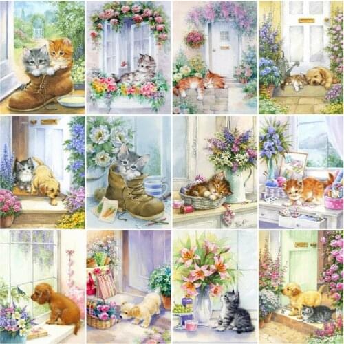 Huacan 5D Diamond Rhinestones Paintings Cat Dog Diamond Mosaic Embroidery Door Animals Creative Hobbies Decoration Home