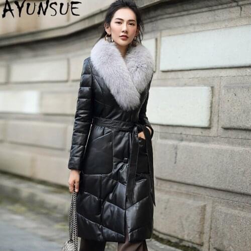 AYUNSUE 2020 Winter Leather Jacket Women 90% White Duck Down Coat Female Real Sheepskin Coats Fox Fur Collar Fashion Clothes LW7