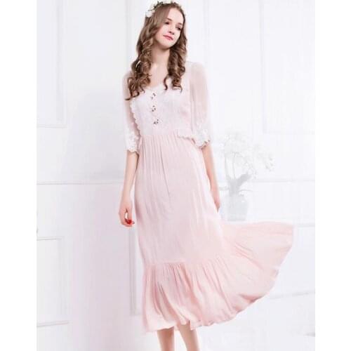 Free Shipping 2016 New Summer Princess Nightdress Royal Pyjamas Womens Long Nightgown Pink Lace Sleepwear Can Outer Wear