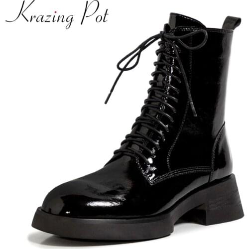 Krazing Pot cow patent leather round toe high heel riding boots cross-tied winter classic style solid young lady ankle boots L91