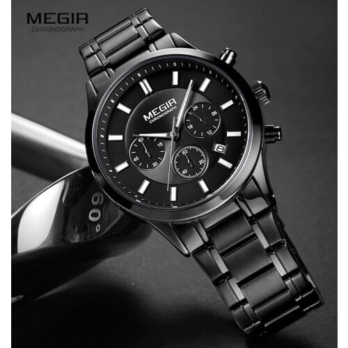 MEGIR Quartz Watch for Men Full Black Stainless Steel Watches Fashion Chronograph Wristwatch Lumious Hands часы мужские Relogios