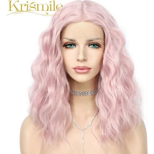 Krismile Short Pink Synthetic Lace Wigs Water Wave T Part Wig Party Daily for Women Celebrity Make Up High Temperature 14inches