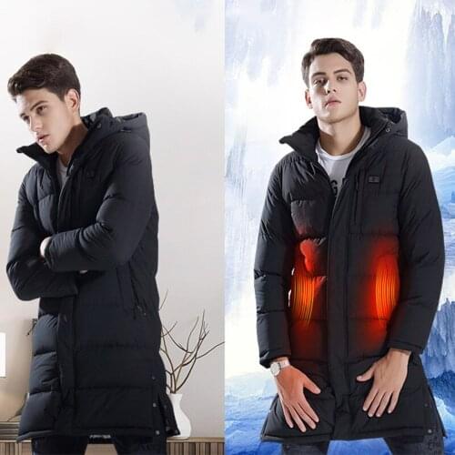 2019 New Arrival Long Section Heated Jackets Usb Heater Men Down Heating Coat Winter Warm Cotton Hooded Outdoors Windbreakers