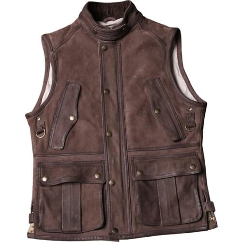 Mens Cowhide Genuine Leather Vest Vintage Safari Style Multiple Pockets Waistcoat Real Leather Sleeveless Hunting Jackets Coats