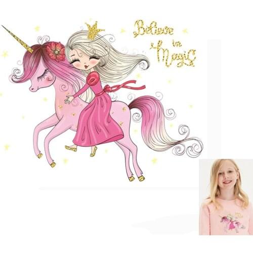 Pulaqi Girl Unicorn Iron-On Transfer DIY Heat Transfers On Clothes Thermal Transfer Hot Vinyl Ironing Stickers Apparel Accessory