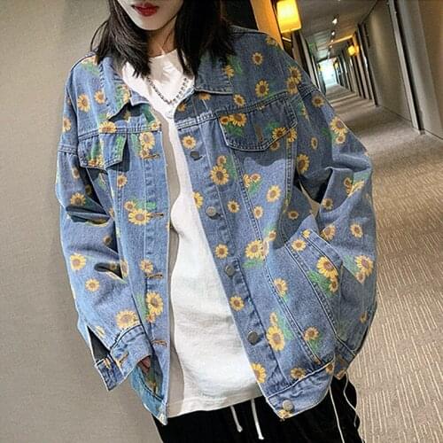 New Autumn Cowboy Jacket Women Vintage Chrysanthemum Print Denim Jacket Loose Single Breasted Jacket Fashion Man Denim Jacket