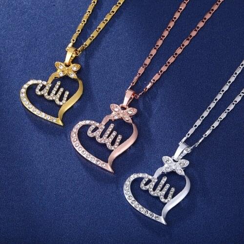 Exquisite Hollow Heart Shape Muslim Necklace Pendant Unique Charm Rhinestone Butterfly Necklace for Women Islamism Jewelry