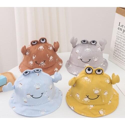 New Toddler Baby Cartoon Crab Pattern Cotton Bucket Hat Sun Protection Fisherman Cap with Chin Strap for Baby Girls Fishing Hats