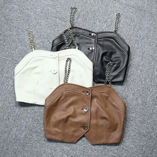 Women Sexy Clothing 2021 New Club Streetwear Femme Silver Chain Sling Elastic Tube Top Genuine Leather Outer Wear Bra Suspender