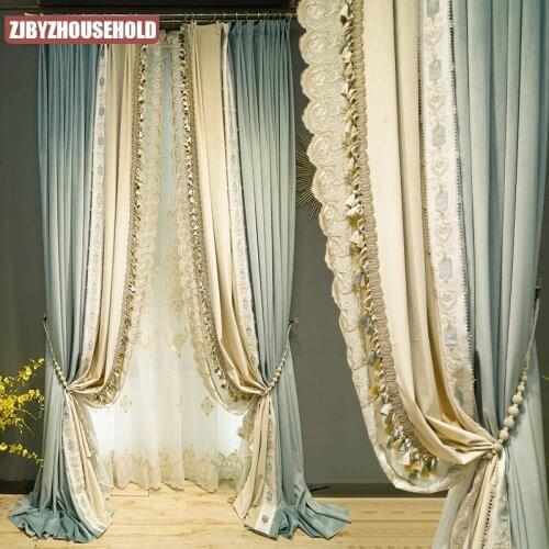 Luxurious French New haze blue living room curtain velvet embroidery Beige splicing simple bedroom shading Villa curtain living