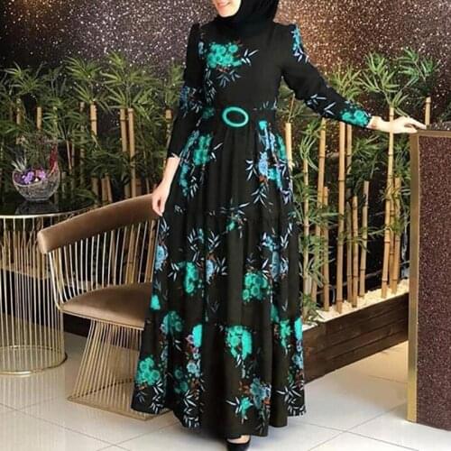 Long Sleeve Flower Print Women Dress Ethnic Floral Print Belt Women Skirt Maxi Kaftan Robe Womens Dress Woman Dresses