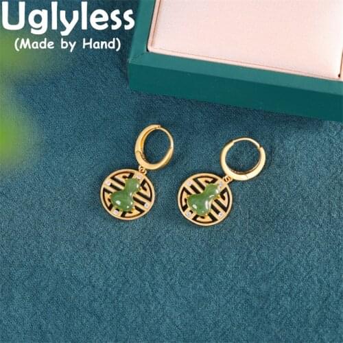Uglyless Natural Jasper Gourd Ear Hoops for Women Hollow Longevity Medal Earrings Gemstones Brincos 925 Silver Ethnic Jewelry