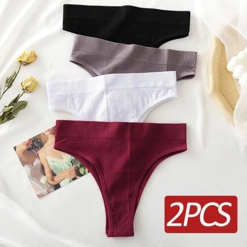 FINETOO 2PCS Seamless High Waisted Womens Thong Black Womens Panties Soft Underpants For Women Sexy Pantys S-XL