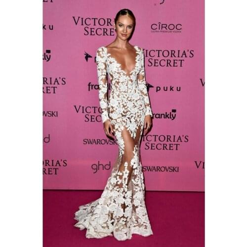 See Through 2020 Formal Celebrity Dresses Mermaid V-neck Long Sleeves Appliques Lace Long Evening Dresses Red Carpet Dresses
