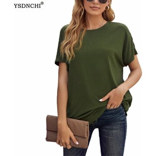 YSDNCHI Women Solid Fashion Casual Tops Vintage Lady Black White Clothing Female Basic C otton T Shirt Round Neck Short Slee