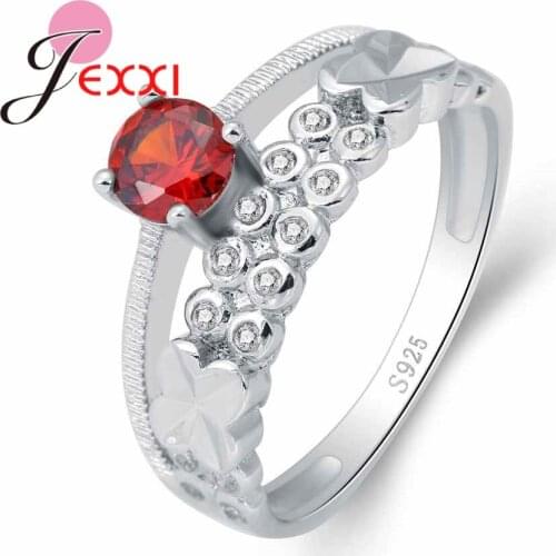 Vintage 925 Sterling Silver Red Crystal Geometric White Sparking CZ Finger Rings for Women Trendy Jewelry Wholesale