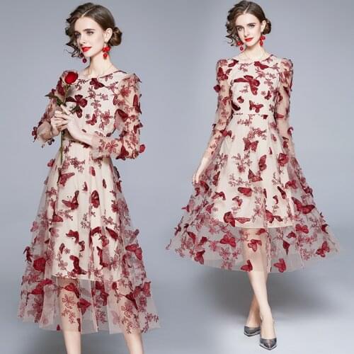 Womens cute 3D mesh embroidery bowknot dress Embroidered butterfly Design runway Cocktail party midi slim Casual Swing for woman