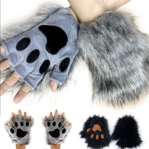 Unisex Winter Furry Warm Half Finger Gloves Cartoon Bear Paw Embroidery Fingerless Mittens Halloween Cosplay Hand Warmer