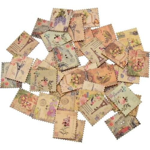 50Pcs Mixed Stamp Wood Buttons For Clothing Scrapbooking Crafts Button Decorative Sewing Needlework DIY Accessories