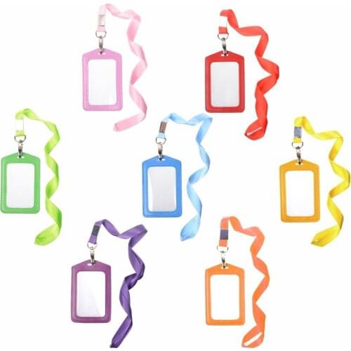 7pcs Vertical Style Color Faux Leather Business Id Credit Card Badge Holder Clear Pouch Case with Long Neck Strap Band Lanyard