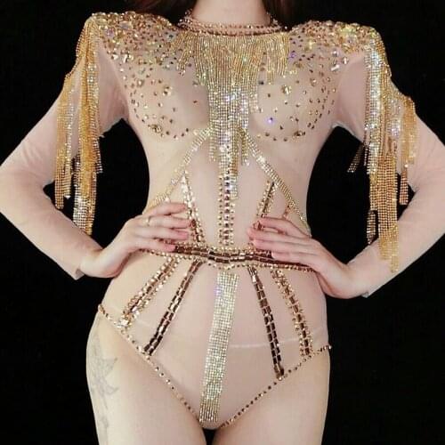 Shining Gold Rhinestones Tassel Bodysuit Womens Birthday Celebrate Party Outfit DS Bar Singer Dancer Show Performance Costume