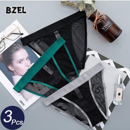 BZEL 3Pcs/lot Sexy Womens Mesh Lace Panties Refreshing Breathable Briefs Low Waist Female Solid Color Comfortable Lady Lingerie