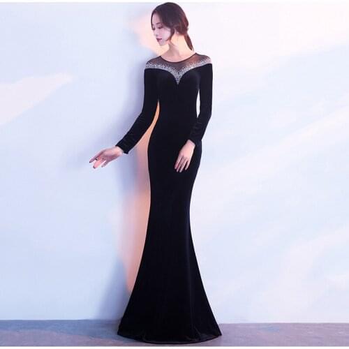 Corzzet High Quality Black Vevet Full Sleeve Long Mermaid Elegant Women Sexy Celebrity Evening Party Dress Vestidos de festa