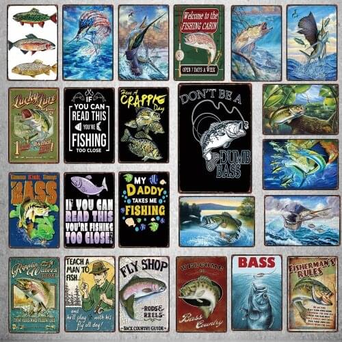 Fishermans Rule Metal Sign Bass Fishing Decorative Signs Shabby Chic Wall Home Craft Cafe Music Bar Decoration DU-5292A