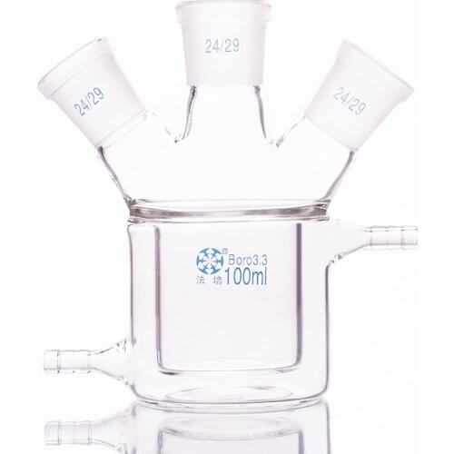 Double-deck cylindrical three-necked bottom flask,Capacity 100ml,Joint 24/29,Mezzanine jacketed reactor bottle