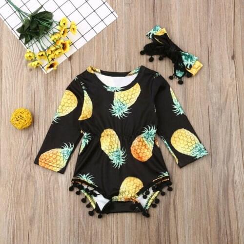Toddler Baby Girl Pineapple Long Sleeve Jumpsuit Romper Headband Clothes 2pcs