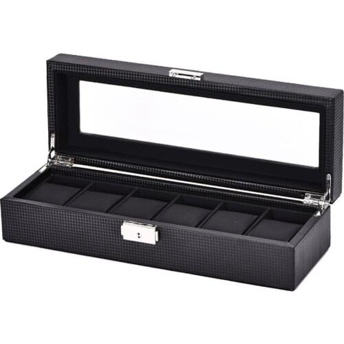 12/6 Grids Carbon Fiber Watch Box Display Rings Chains Case Holder Storage Container Packaging Black Organizer For Businessman
