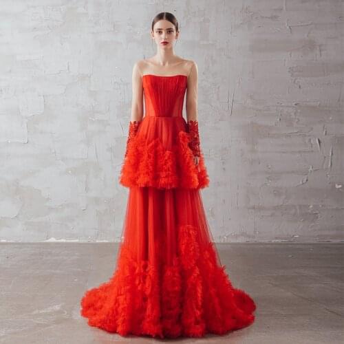Red Party Gown Long Sleeves Ruffle Evening Dress Illusion Neckline A-Line Prom Dress With Sweep Train