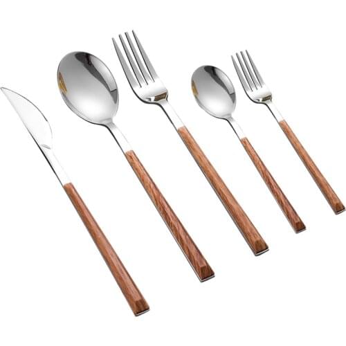 Western Dinnerware Set Wood Handle Stainless Steel 1/2/6/12/24/36 pcs Steak Table Knife Fork Spoon Dessert Fork Cutlery Sets