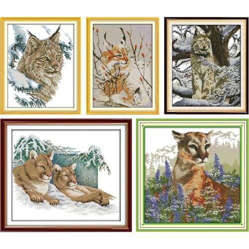Cross stitch kits Pumas In The Snow Wildcat The Cat Fairy The Leopard With Flowers Snow Leopard cross stitch set Cross-stitch
