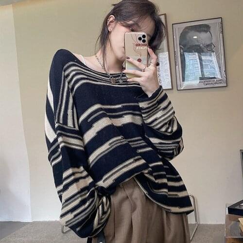 2021 Auutmn Winter Women O-neck Pullovers Female Warm Casual Striped Long Sleeve Knitted Sweater Lady Fashion Loose Jumper K648