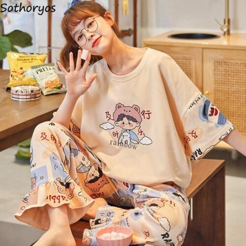 Loose Pajama Sets Women Printed O-neck Short Sleeve Tops Ankle Length Pants Students Lovely Nightwear Cozy Trendy Lounge Popular