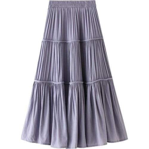 Gray White Casual Summer Pleated Skirt Women Elegant Fashion Korean Long A-line Skirt Spring Ladies All-match Midi Skirt Femme