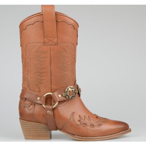 FootCourt- Tan Mid Calf Boots Western Style Cowboy Boots Cowgirl Heel Embroidered Western Stitch New Season Luxury Handmade