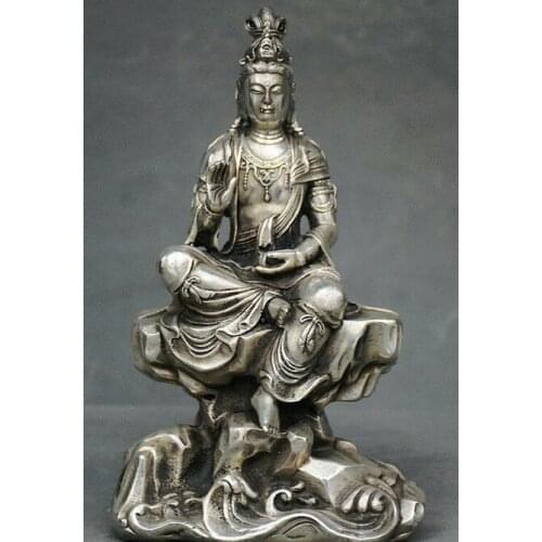 8.8" Old Chinese Silver Seat Free Kwan-Yin Guan Yin Boddhisattva Goddess Statue