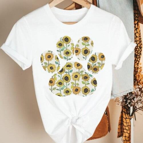 Women Clothes Floral Sunflower Lovely Dog Paw Cartoon Summer Short Sleeve Print Fashion Tshirt Female Tee Top Graphic T-shirt
