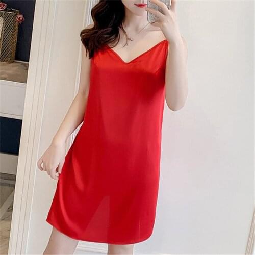 Simple nightdress sexy lingerie new suspenders summer silky home skirt solid color sleeveless V-neck robe sleepwear ночнушка