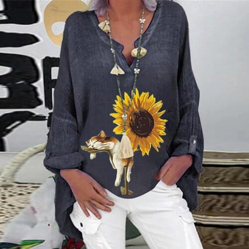 Clothes Women Casual Long Blouse Long Sleeve Sunflower Print Harajuku Loose Casual V-neck Shirt Blouse Blusas Mujer Moda 2021