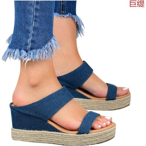 Women sandals Denim Slip On 8CM Wedges High heels Round Toe Shallow women shoes sandalias mujer 2020 size 35-42 black blue red