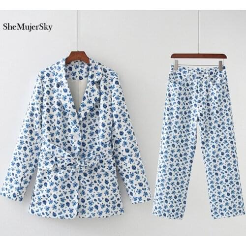 SheMujerSky Women Autumn Winter Blue Floral Print Blazers And Pants Matching Set 2021 Casual Coats With Sahses 2 Pcs Set