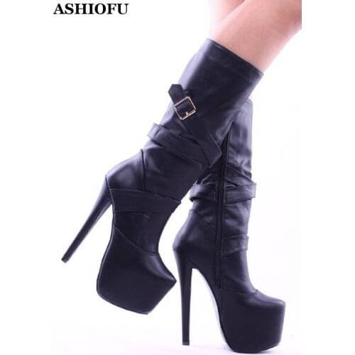 ASHIOFU New Arrival Womens Super-heel Boots Sexy Platform Mid-calf Party Prom Boots Winter Dress Evening Fashion Boots Shoes