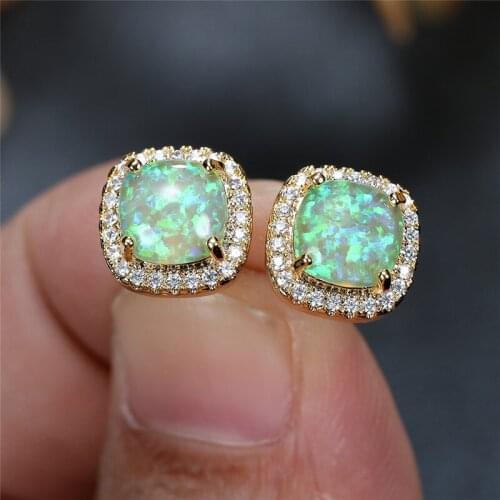 Green Opal Square Stone Stud Earrings Female Luxury Crystal Rainbow Zircon Earrings Dainty Gold Color Wedding Earrings For Women