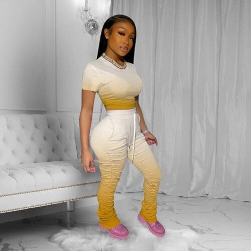 Womens Tracksuits 2 Piece Set Women Crop Top And Stacked Pants Summer Clothes Streetwear Matching Sets Short Sleeve Club Outfit