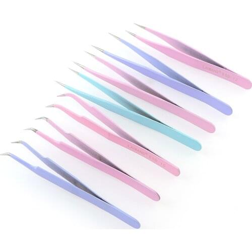 1pc New Pink Green pick us tools Stainless Steel Curved Straight Tweezers Lashes